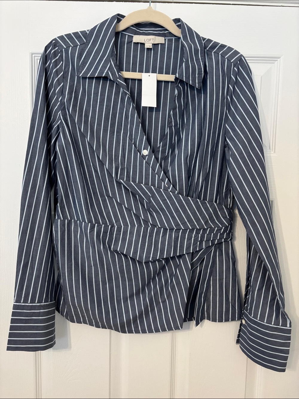 LOFT Navy and White Striped Wrap-Front Blouse